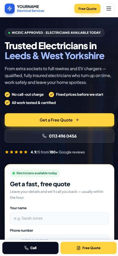 Electrician demo website on a phone