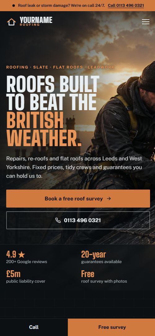 Roofer demo website on a phone