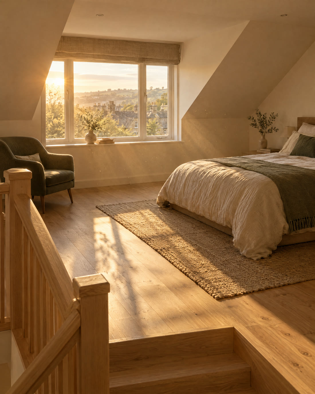 A bright loft conversion bedroom with a dormer window and oak stairs
