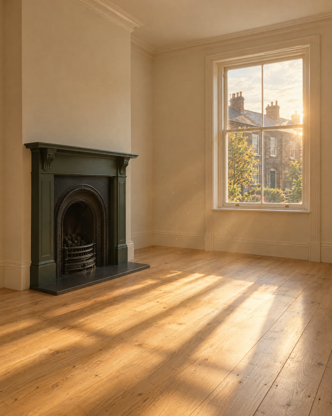 A renovated period living room with fresh plaster walls and restored oak floor