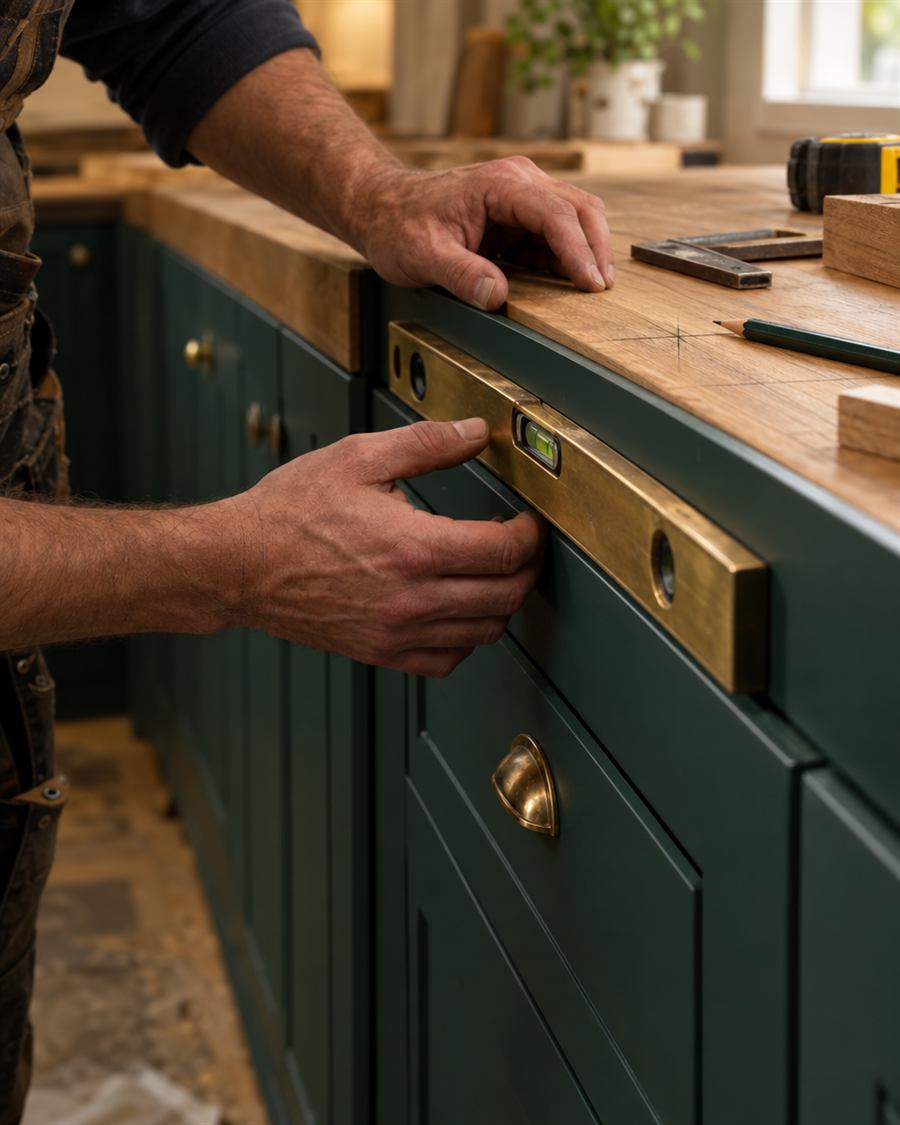 Fitter lining up a kitchen cabinet with a spirit level
