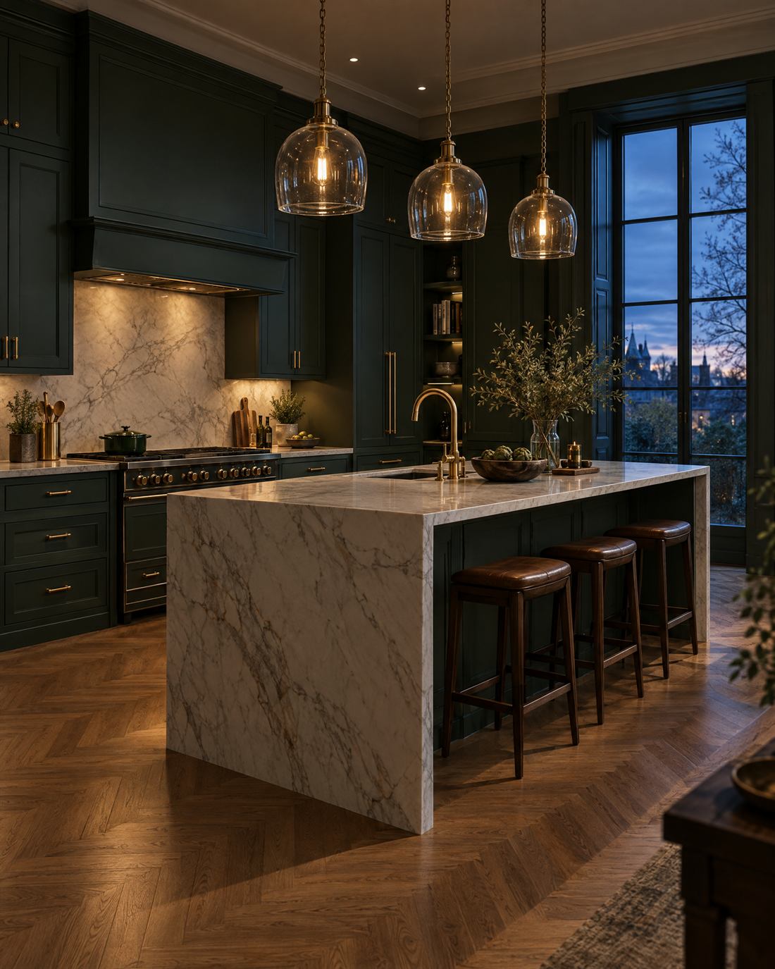Deep green shaker kitchen with a marble island and brass pendant lights