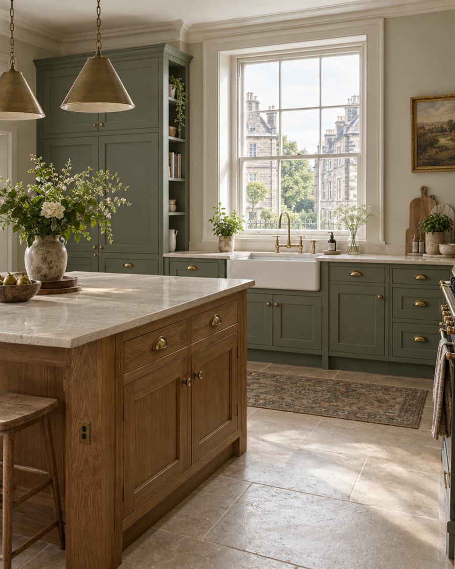Sage green shaker kitchen with an oak island