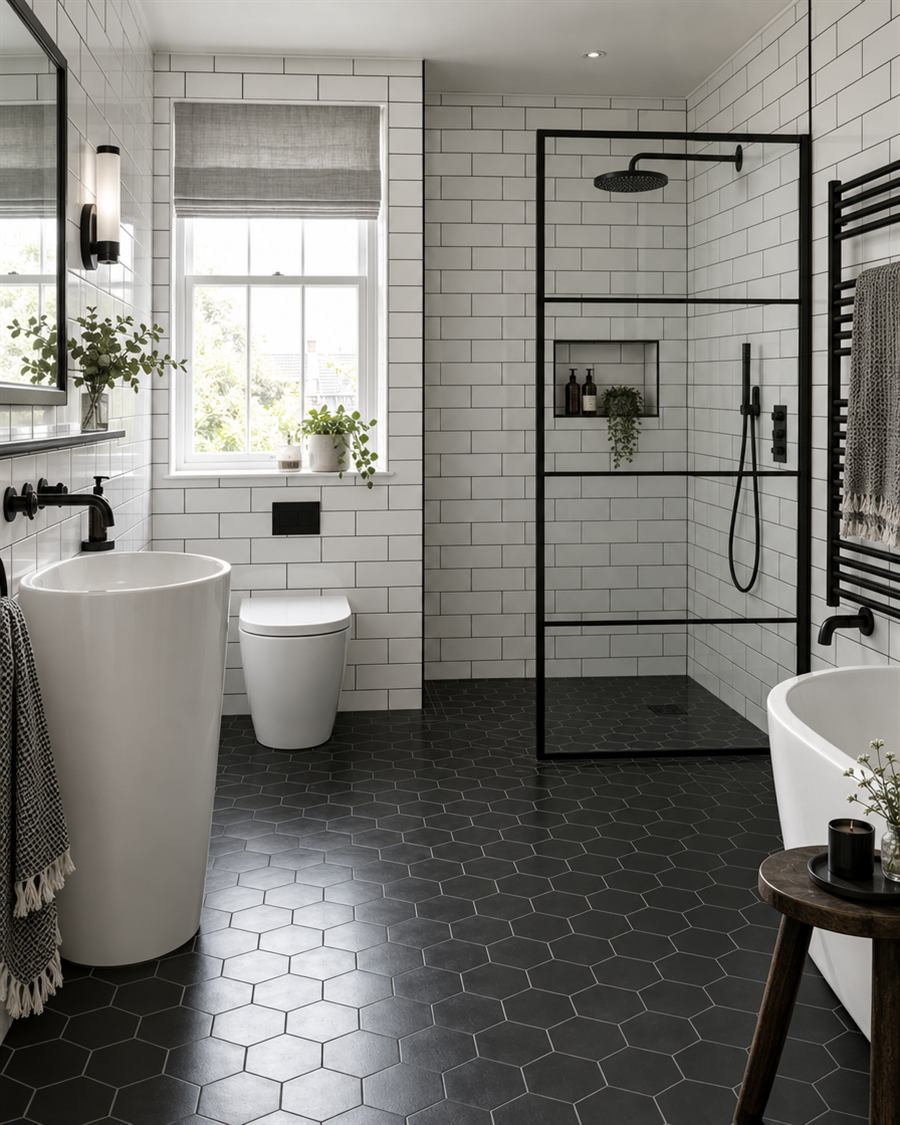 Monochrome bathroom with a black framed shower screen