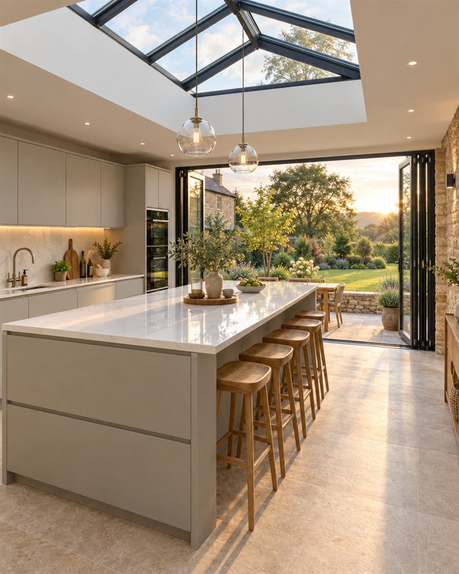 Kitchen extension with bifold doors and a quartz island