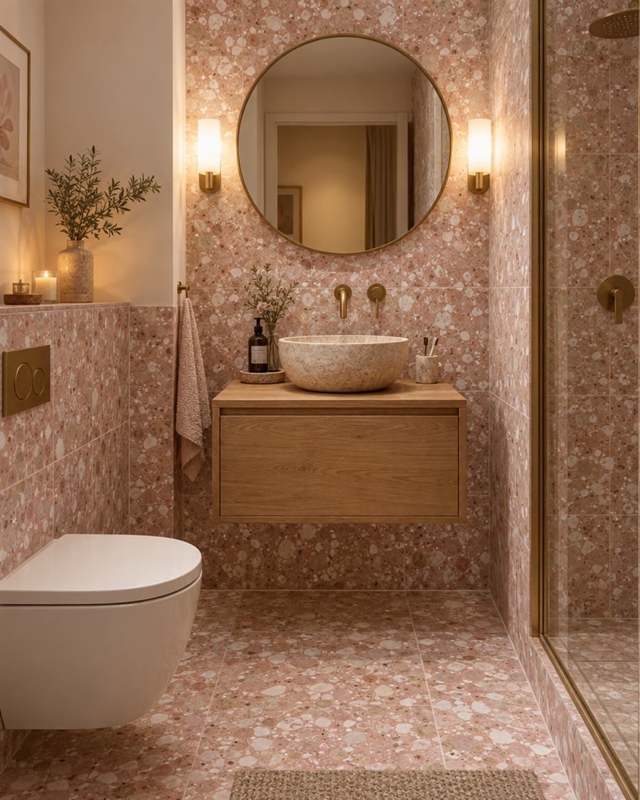 Small ensuite with terrazzo tiles and a brass basin tap