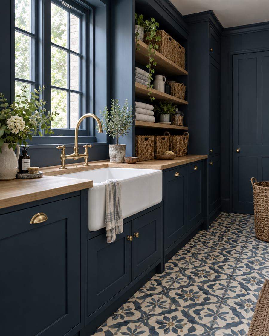 Navy utility room with a butler sink