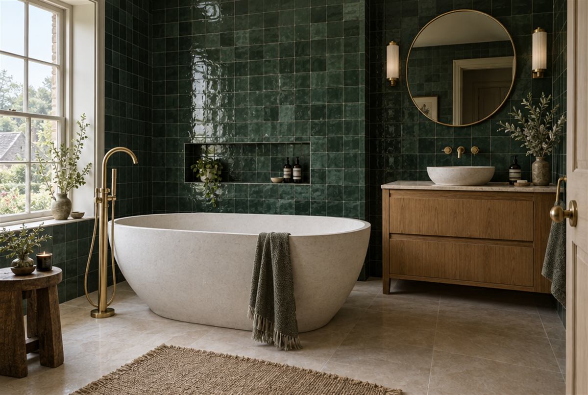 Bathroom with a freestanding bath, green tiles and brass taps