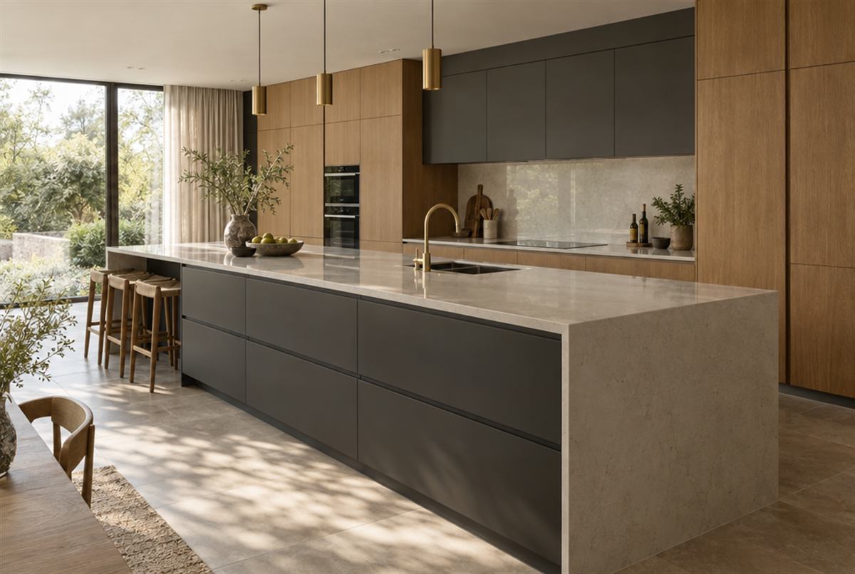 Modern handleless oak and charcoal kitchen with a quartz island