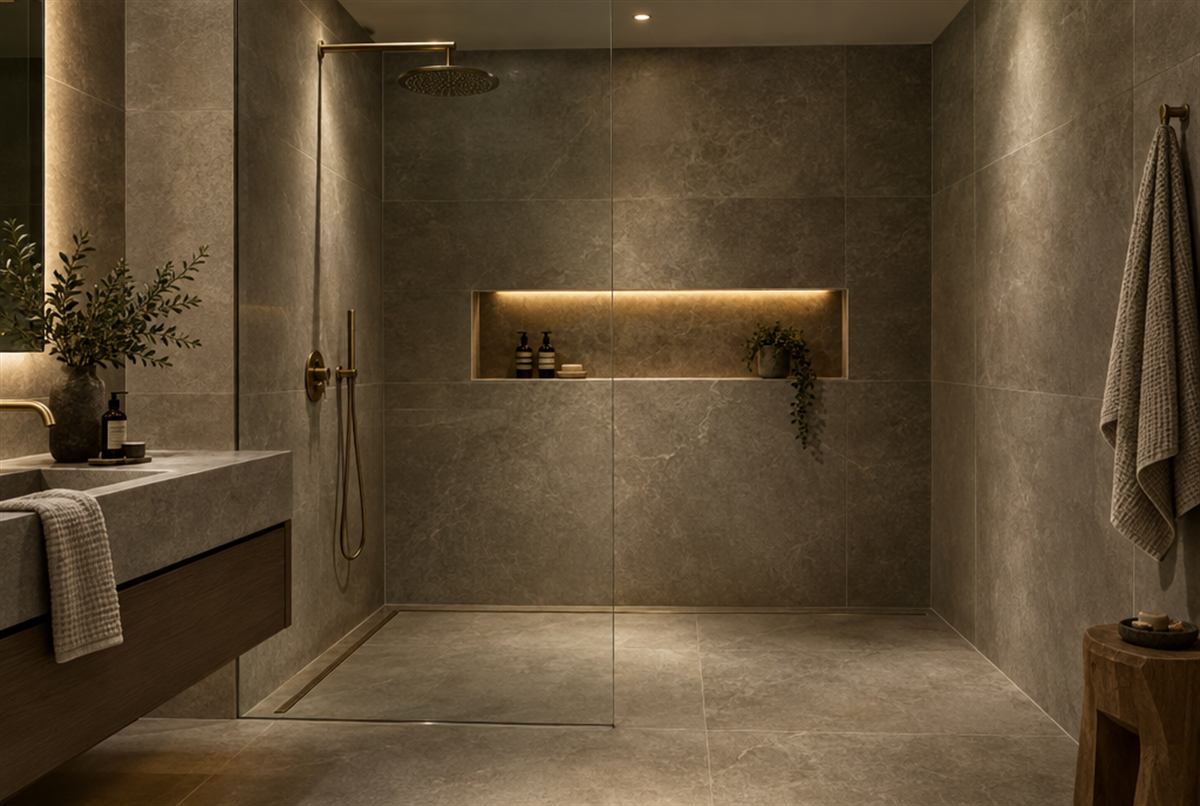 Spa-style walk-in wet room with stone tiles and a brass rain shower