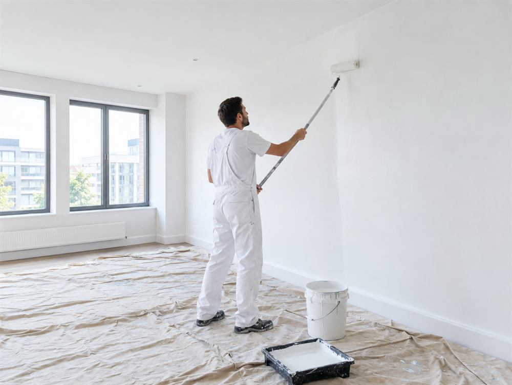 Decorator rolling white paint onto a large wall