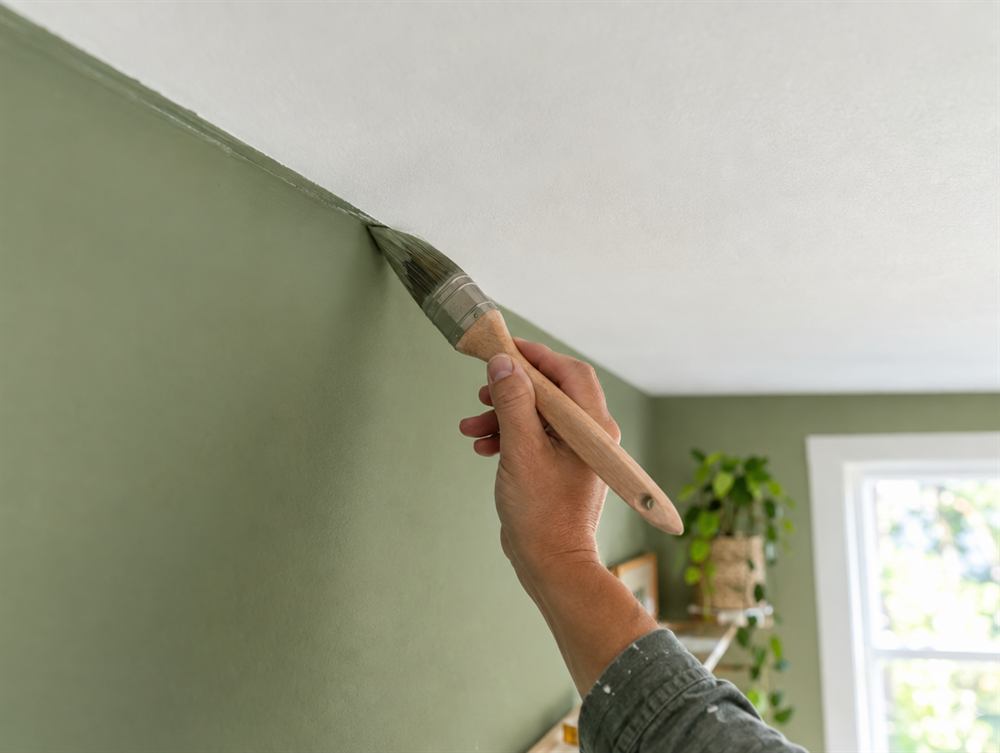 Decorator cutting in a sharp line between a green wall and white ceiling