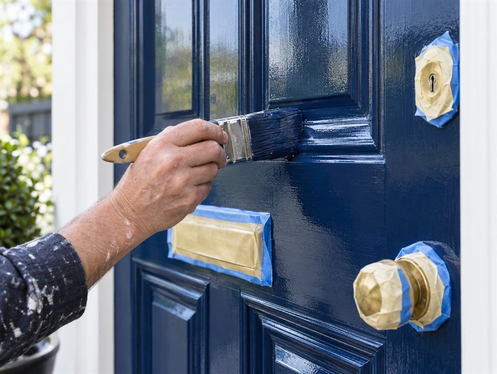 Panelled door being painted deep navy