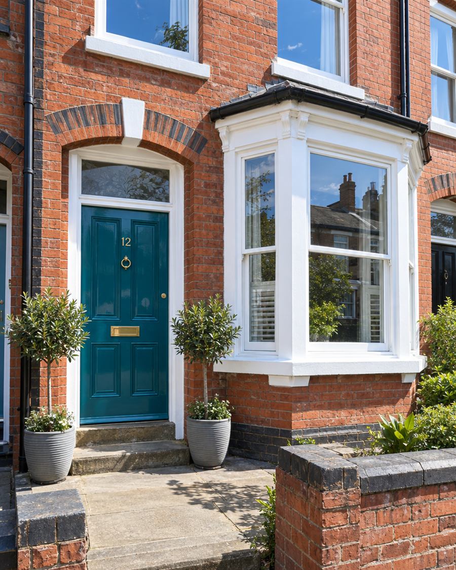 Terraced house with a freshly painted teal front door