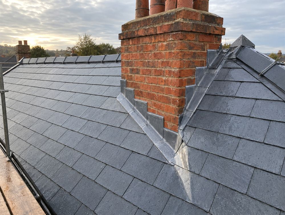 The same roof after repair, with new slates, lead flashing and ridge tiles