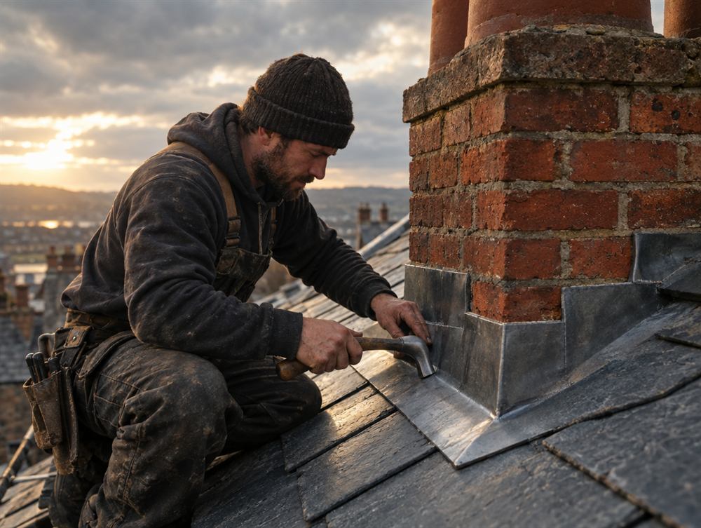 Roofer fitting new lead flashing around a brick chimney