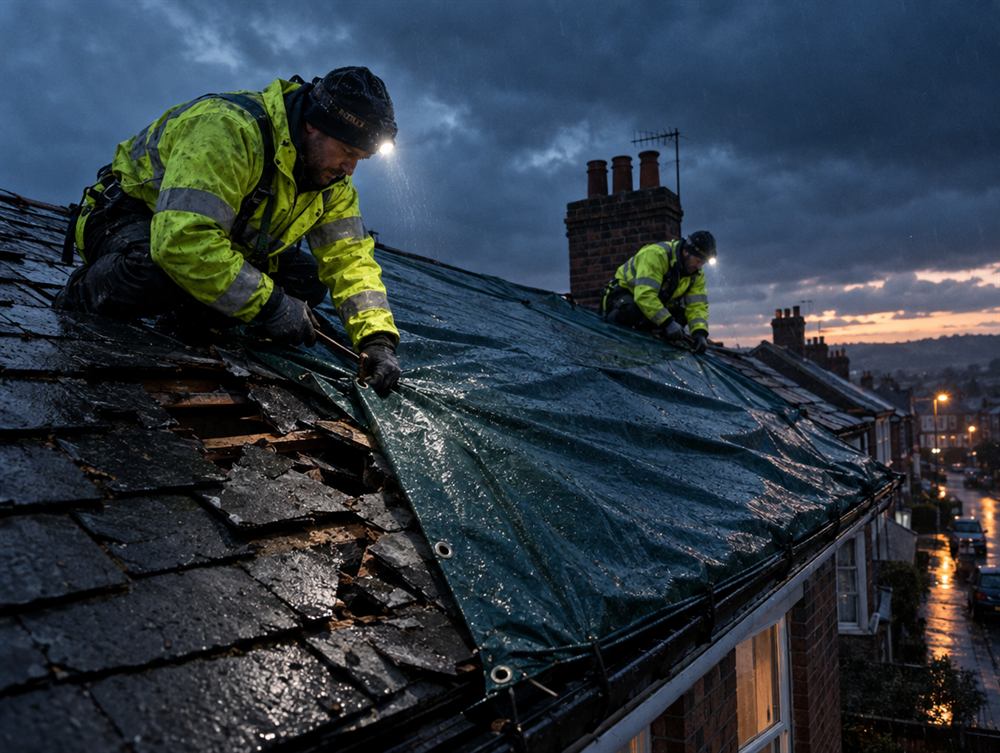 Emergency tarpaulin cover being fixed over a storm-damaged roof