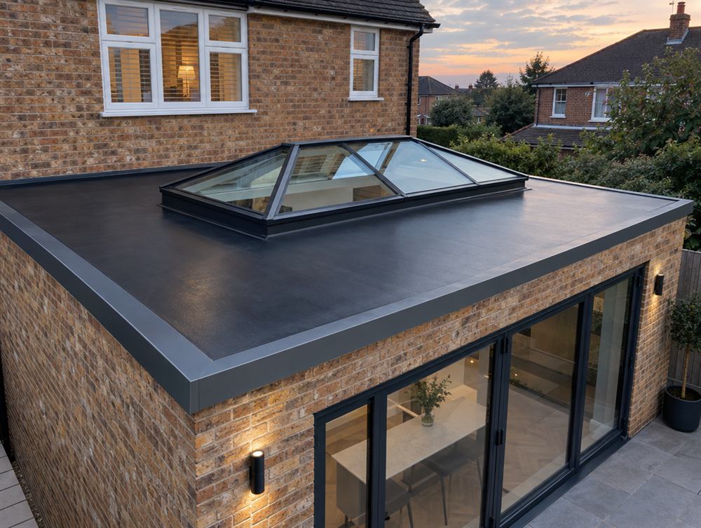 New black rubber flat roof on a kitchen extension