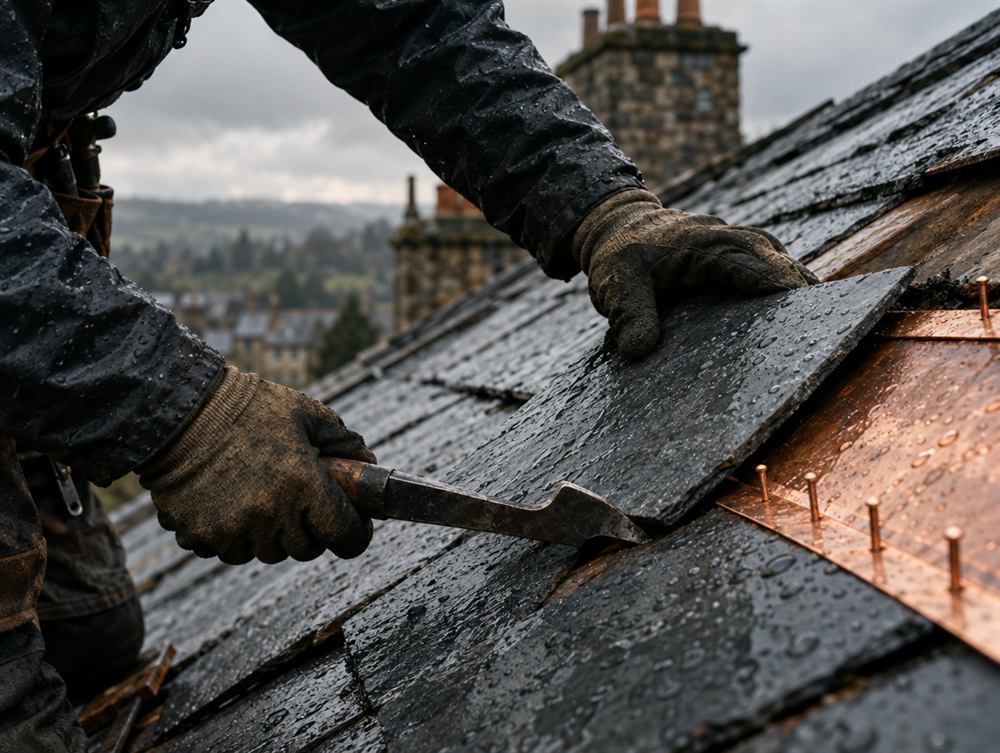 Roofer's gloved hands fitting a replacement slate