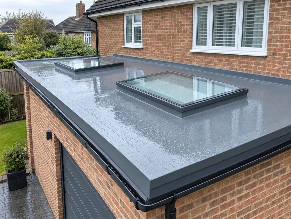 New fibreglass flat roof with rooflights on a garage conversion