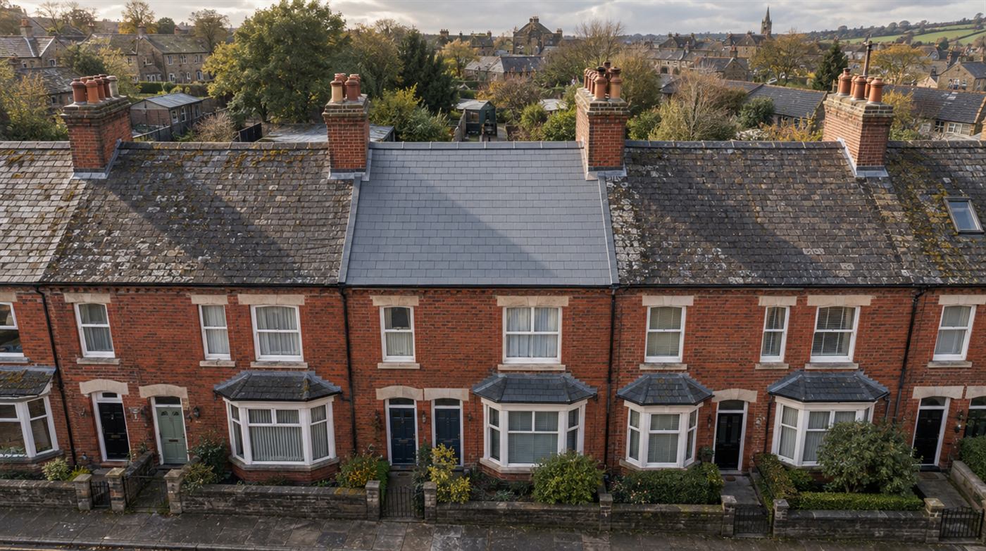 Aerial view of a freshly re-roofed house in a row of Victorian terraces